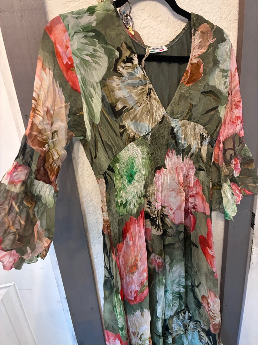 Floral V-Neck Maxi Dress in Olive & Pink - Picture 2 of 6